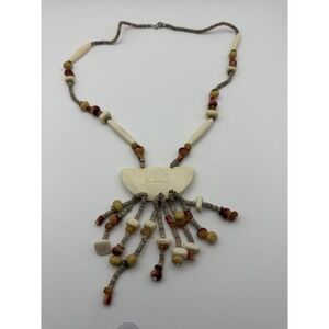 Southwestern Style Beaded Necklace Faux Bone Pendant Heishi Fringe Boho